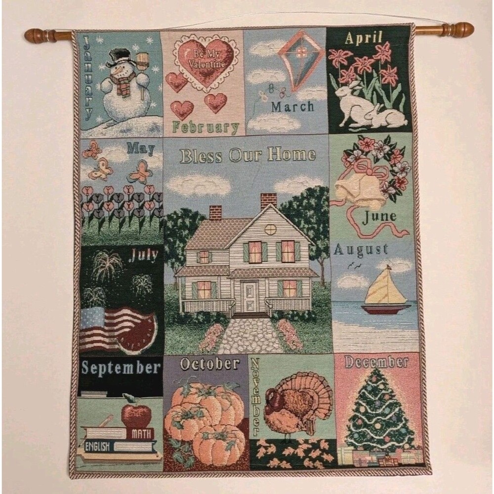 EUC Hanging Holiday Monthly Calendar Woven 90's Tapestry Wall Art Americana